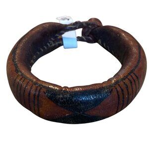 Vintage African Tribal Leather Bracelet With Black Painted Patterns